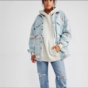 Free People Cabin Cozy Button Down in Seafoam Light Blue Plaid Sz M We The Free